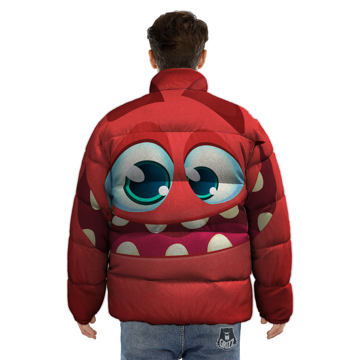 Cartoon Red Monster Face Cute Print Puffer Jacket-grizzshop