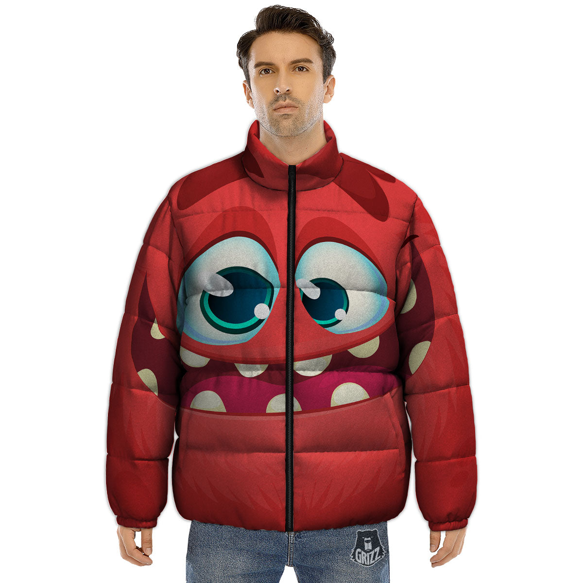 Cartoon Red Monster Face Cute Print Puffer Jacket-grizzshop