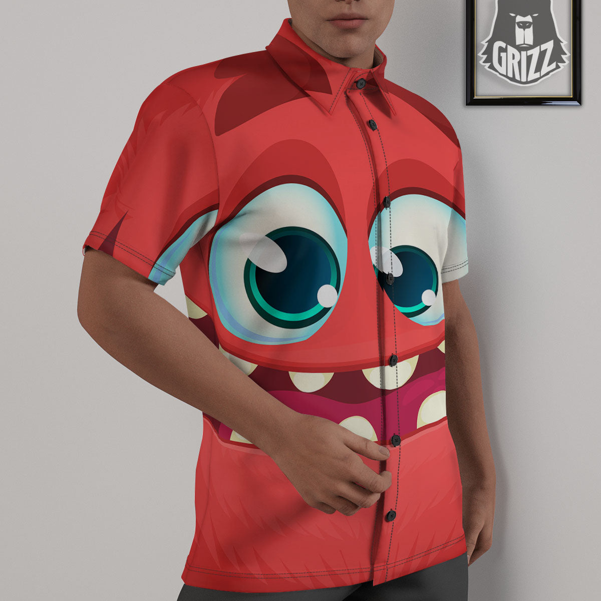 Cartoon Red Monster Face Cute Print Untucked Shirts-grizzshop