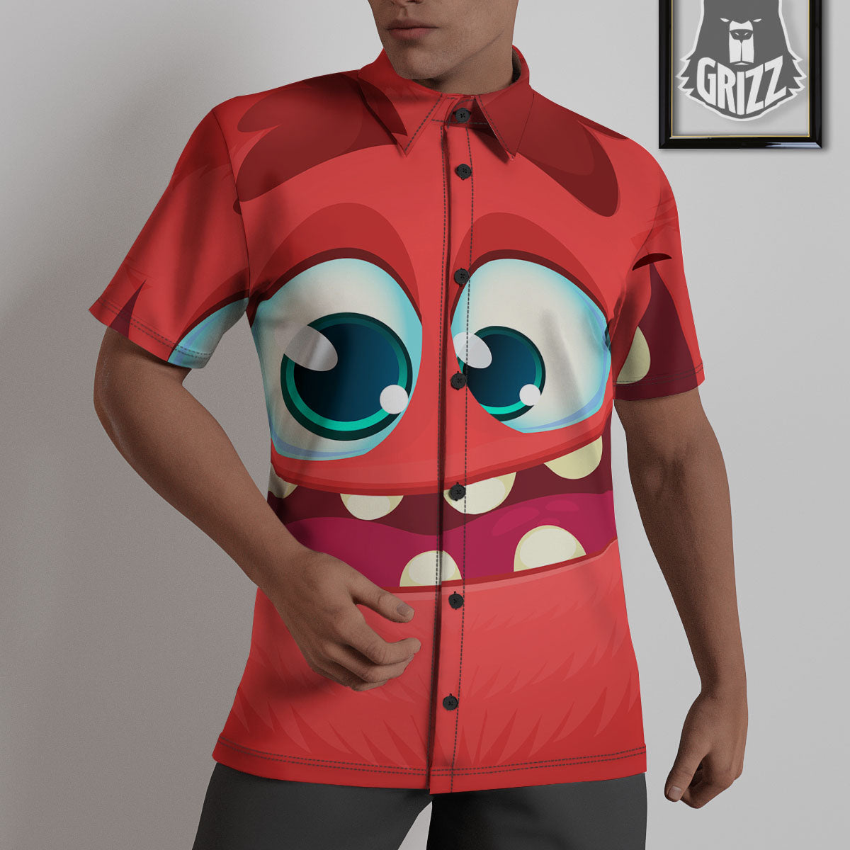 Cartoon Red Monster Face Cute Print Untucked Shirts-grizzshop