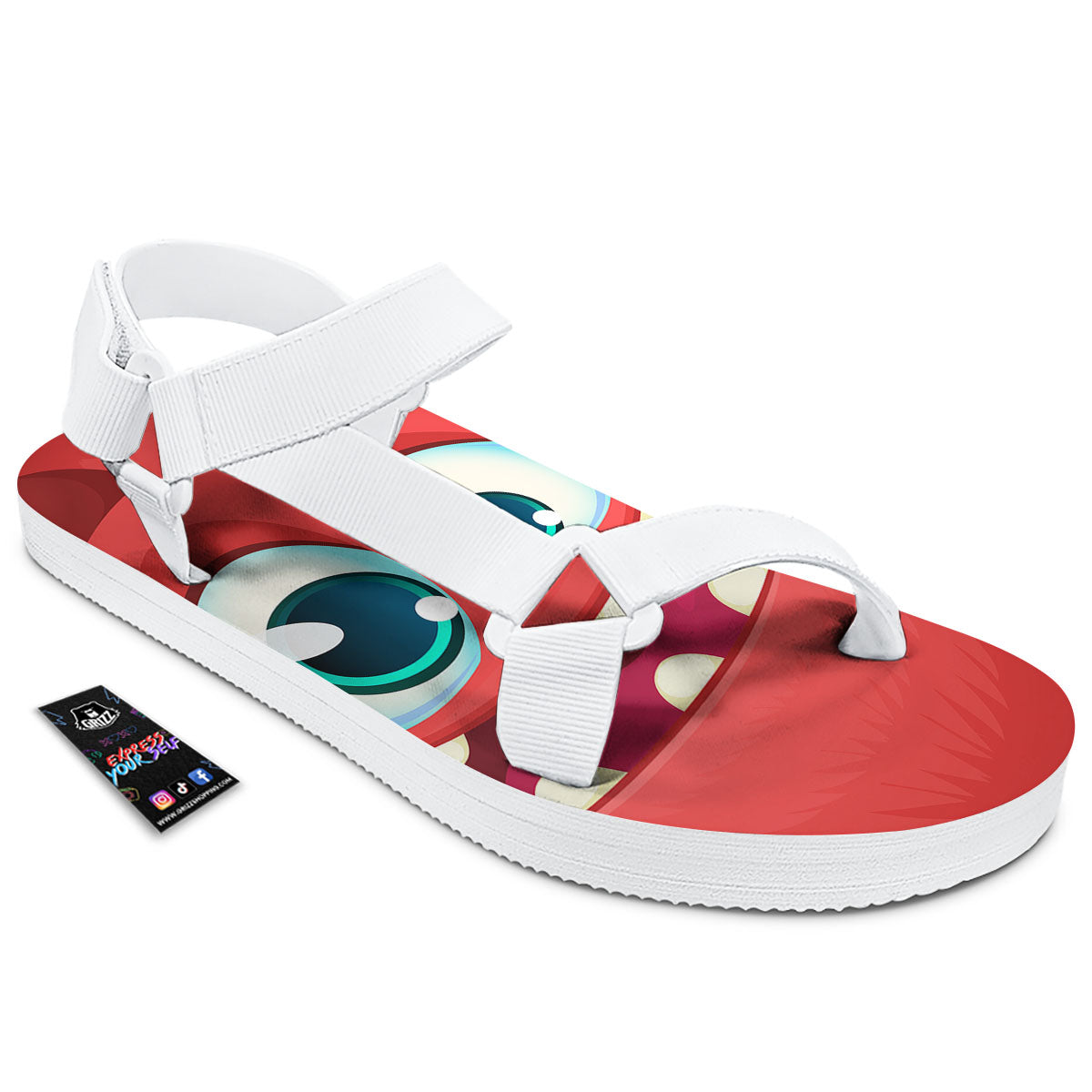 Cartoon Red Monster Face Cute Print White Open Toe Sandals-grizzshop