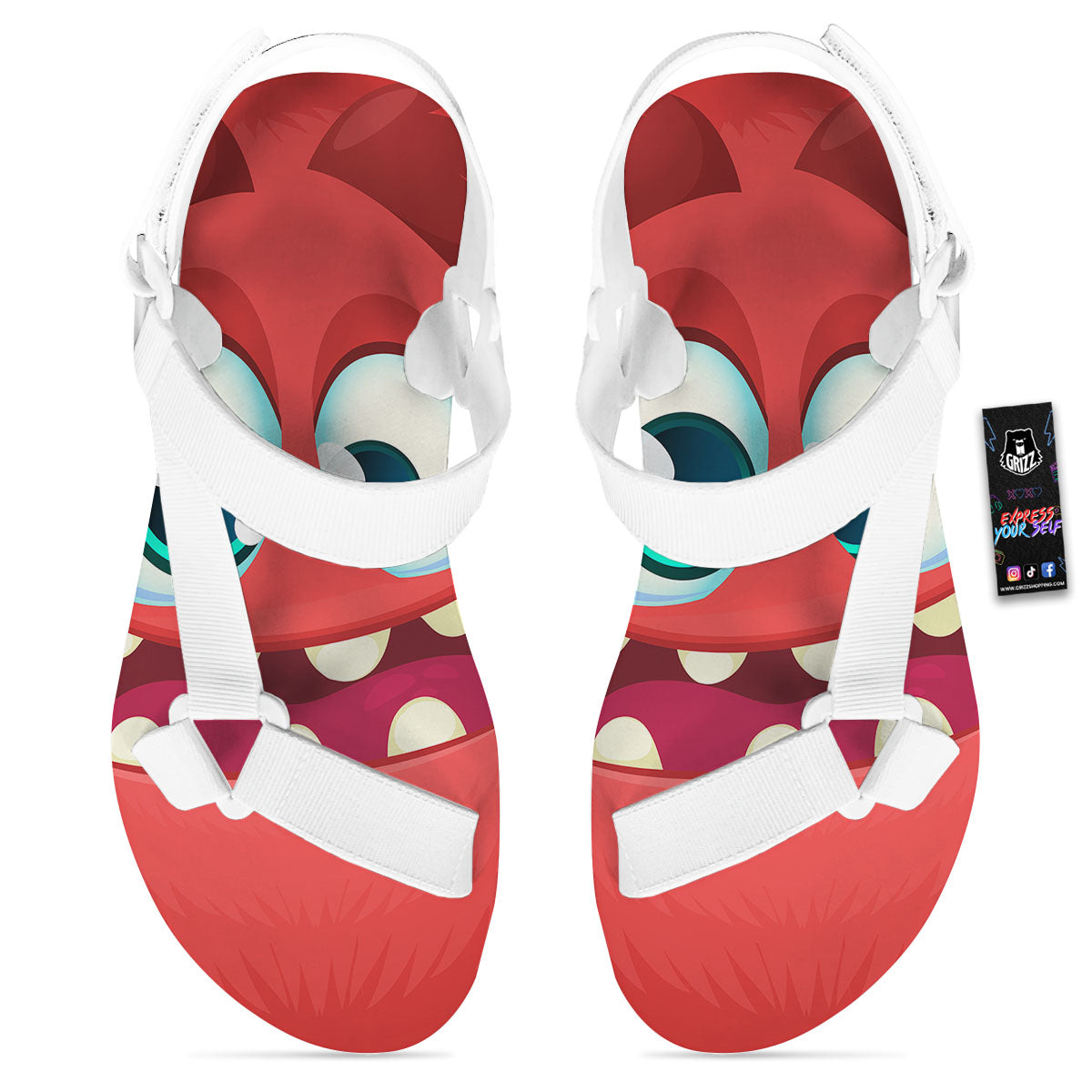Cartoon Red Monster Face Cute Print White Open Toe Sandals-grizzshop