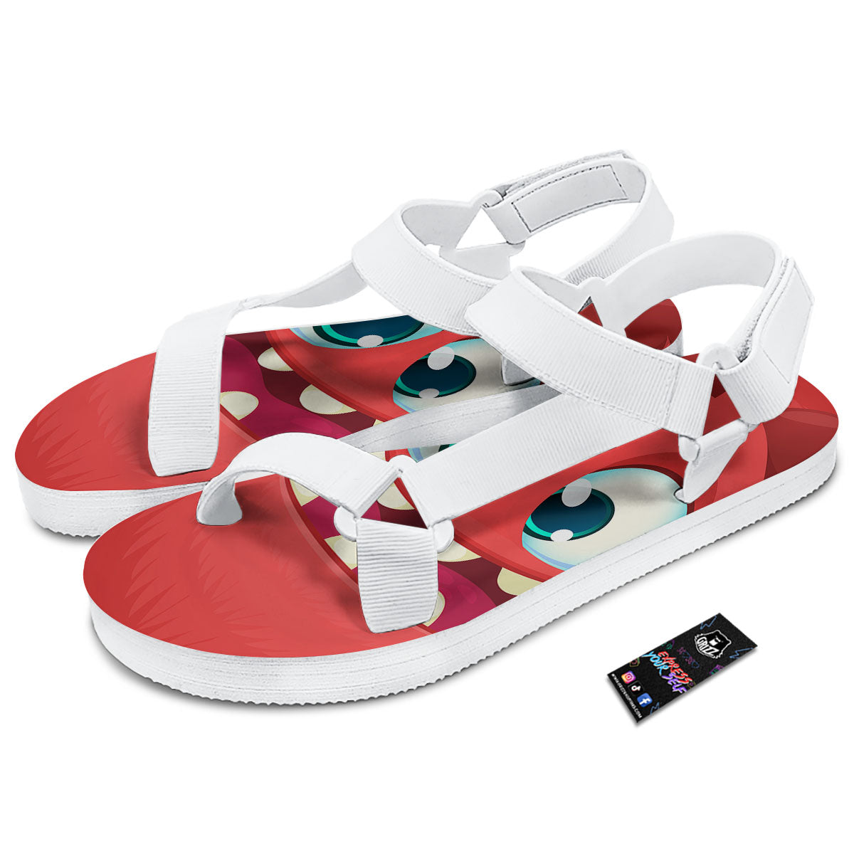 Cartoon Red Monster Face Cute Print White Open Toe Sandals-grizzshop