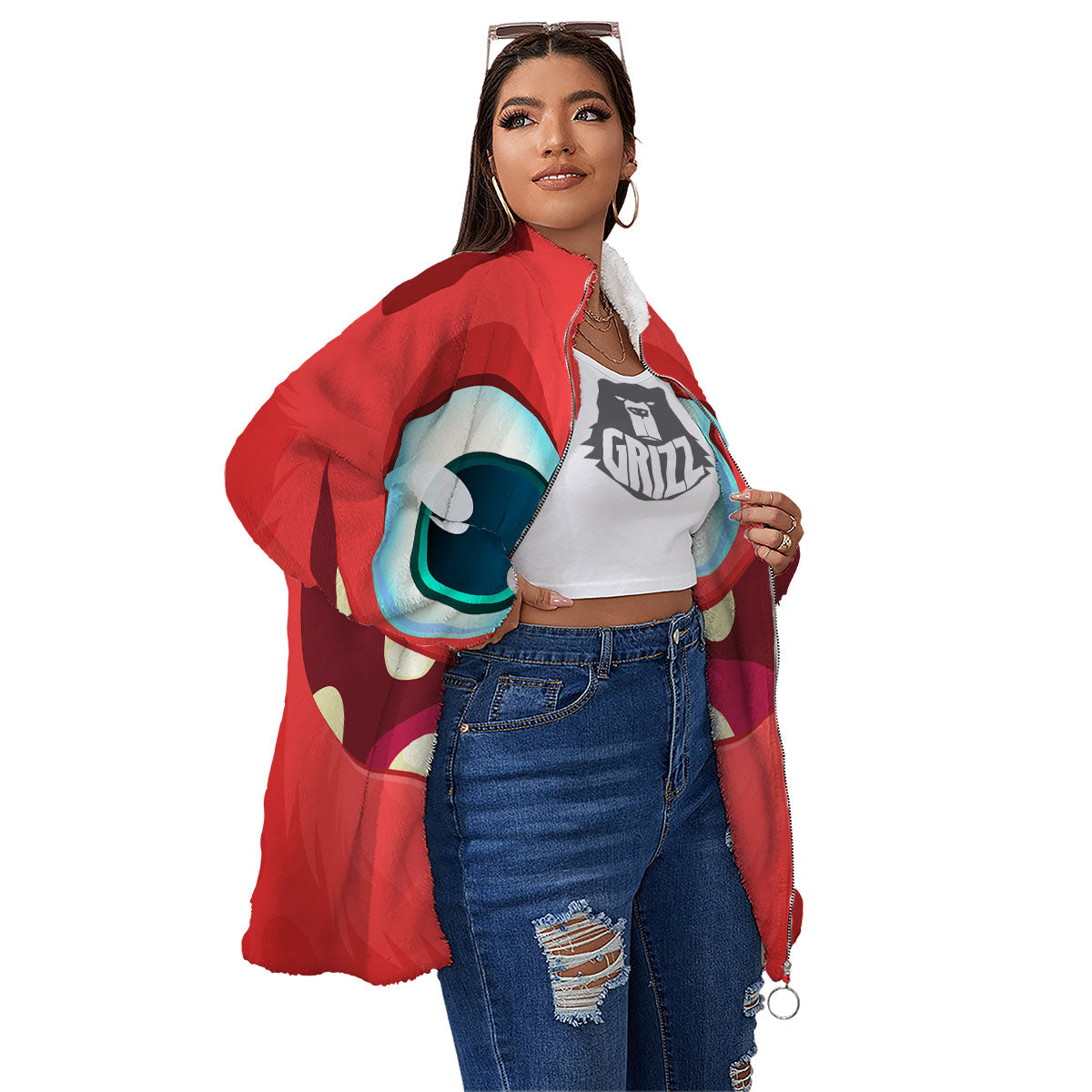 Cartoon Red Monster Face Cute Print Women's Sherpa Jacket-grizzshop
