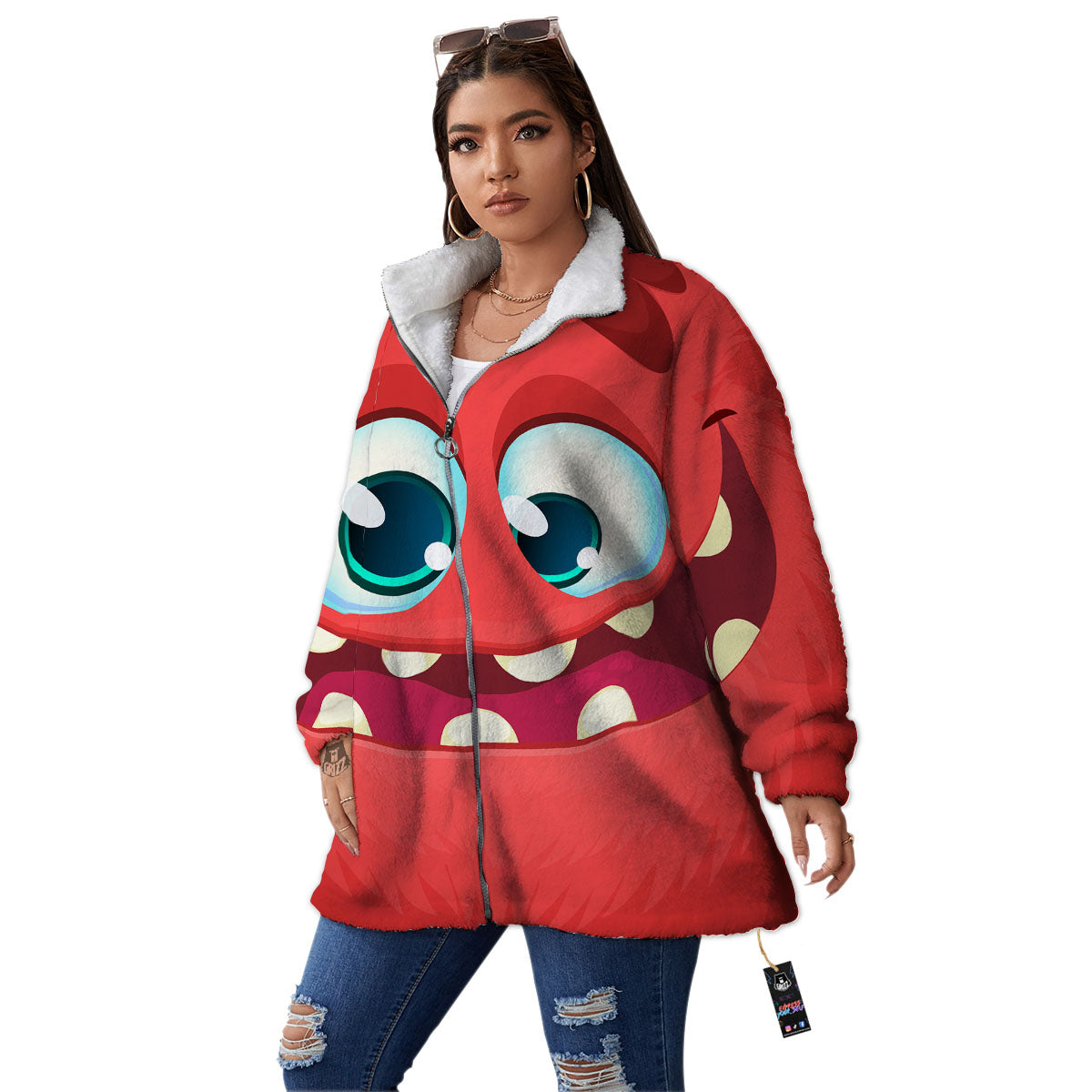 Cartoon Red Monster Face Cute Print Women's Sherpa Jacket-grizzshop