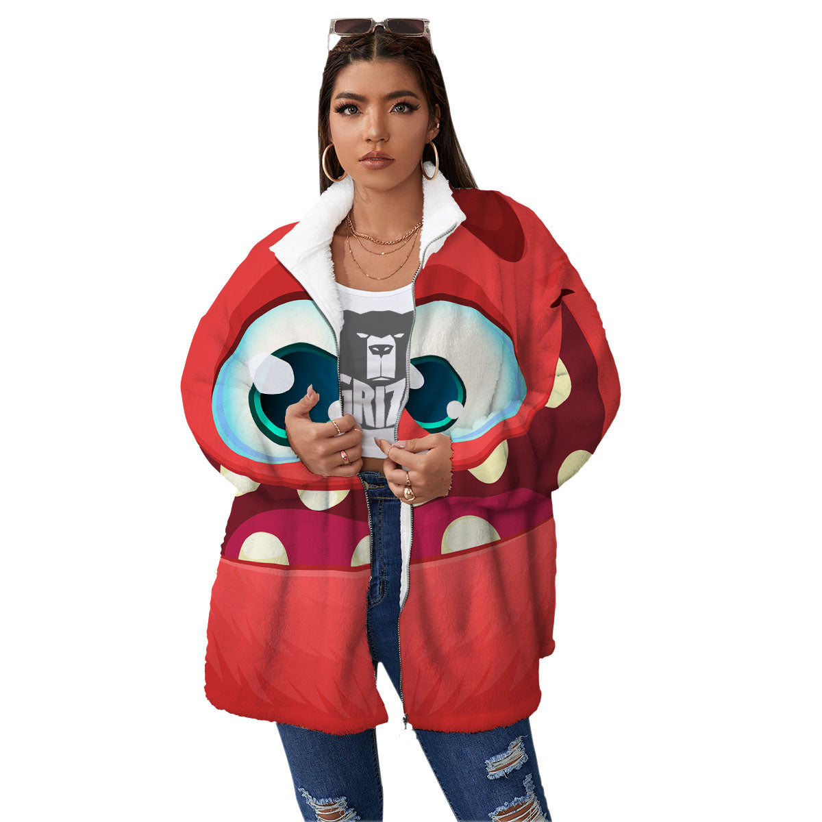 Cartoon Red Monster Face Cute Print Women's Sherpa Jacket-grizzshop