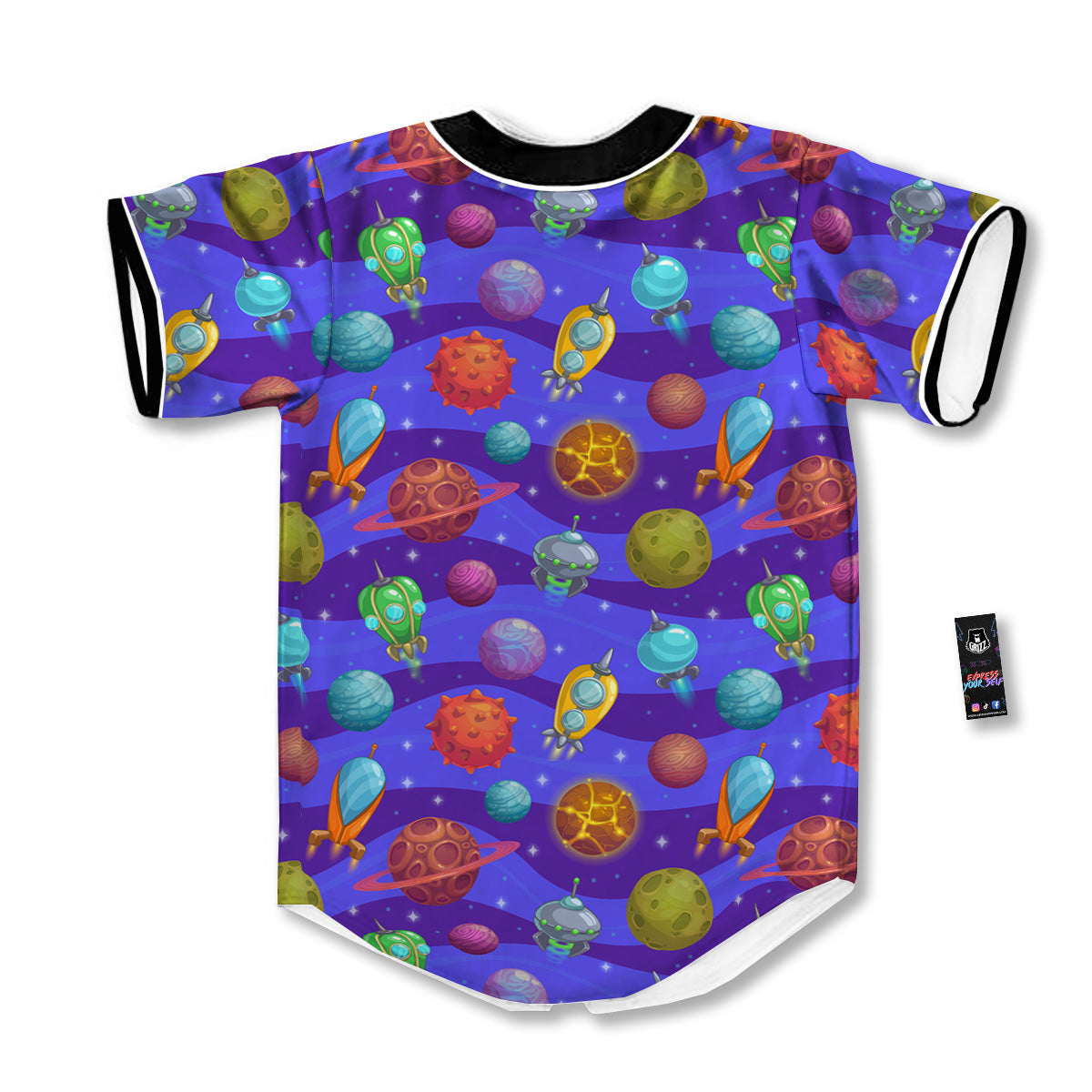 Cartoon Space Ships And Planets Print Pattern Baseball Jersey-grizzshop