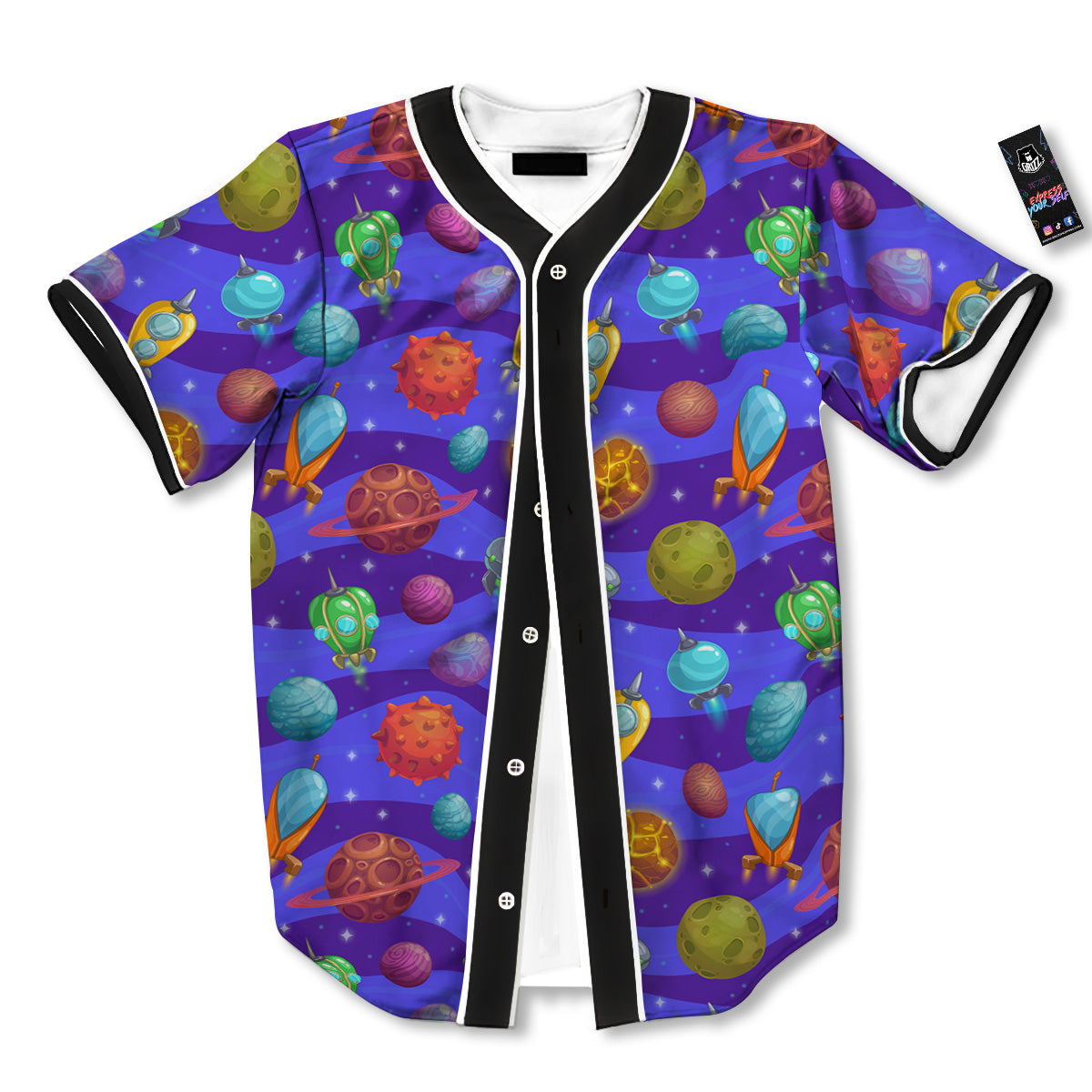 Cartoon Space Ships And Planets Print Pattern Baseball Jersey-grizzshop