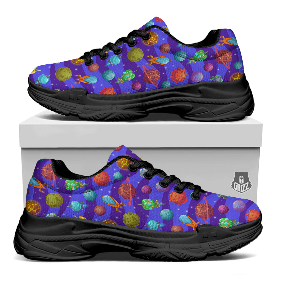 Cartoon Space Ships And Planets Print Pattern Black Chunky Shoes-grizzshop