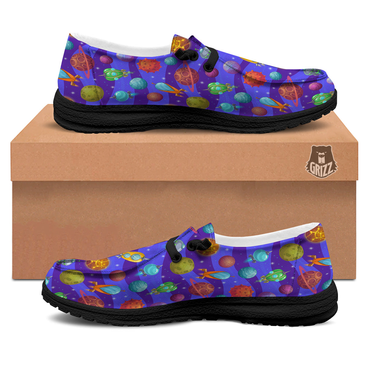 Cartoon Space Ships And Planets Print Pattern Black Loafers-grizzshop