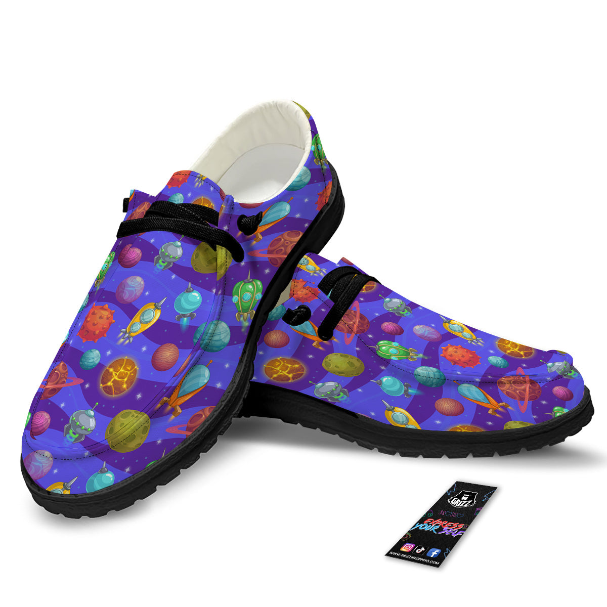 Cartoon Space Ships And Planets Print Pattern Black Loafers-grizzshop