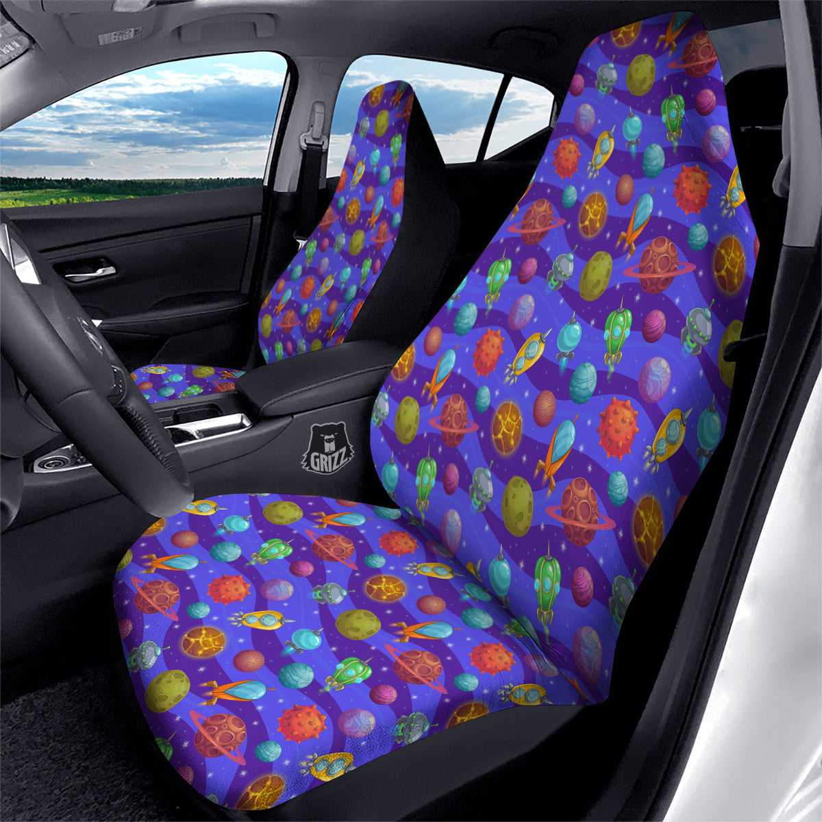 Cartoon Space Ships And Planets Print Pattern Car Seat Covers-grizzshop