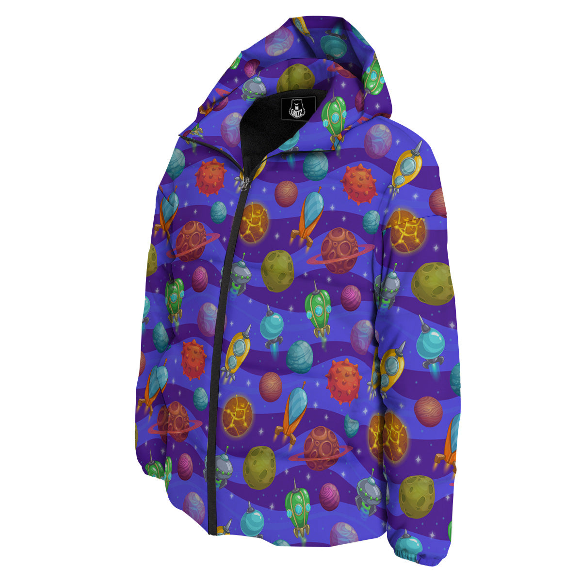 Cartoon Space Ships And Planets Print Pattern Down Jacket-grizzshop