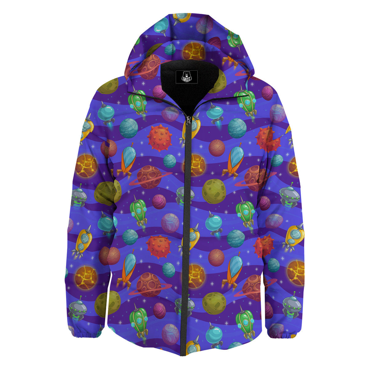 Cartoon Space Ships And Planets Print Pattern Down Jacket-grizzshop
