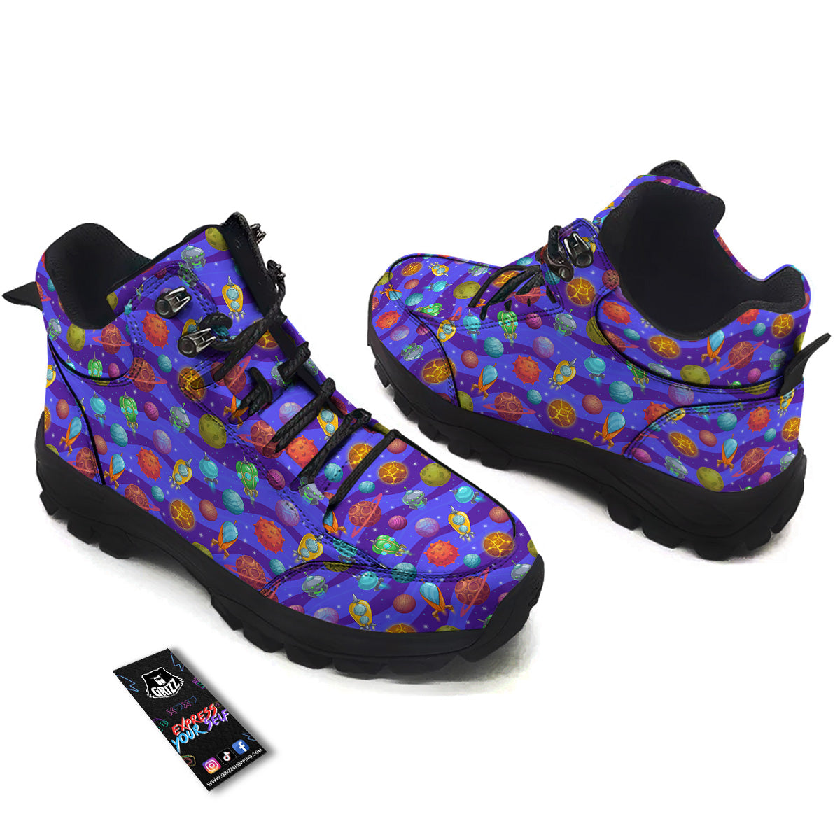 Cartoon Space Ships And Planets Print Pattern Hiking Shoes-grizzshop