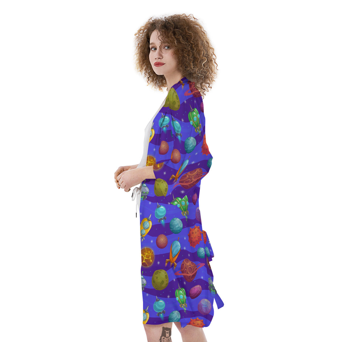Cartoon Space Ships And Planets Print Pattern Kimono-grizzshop