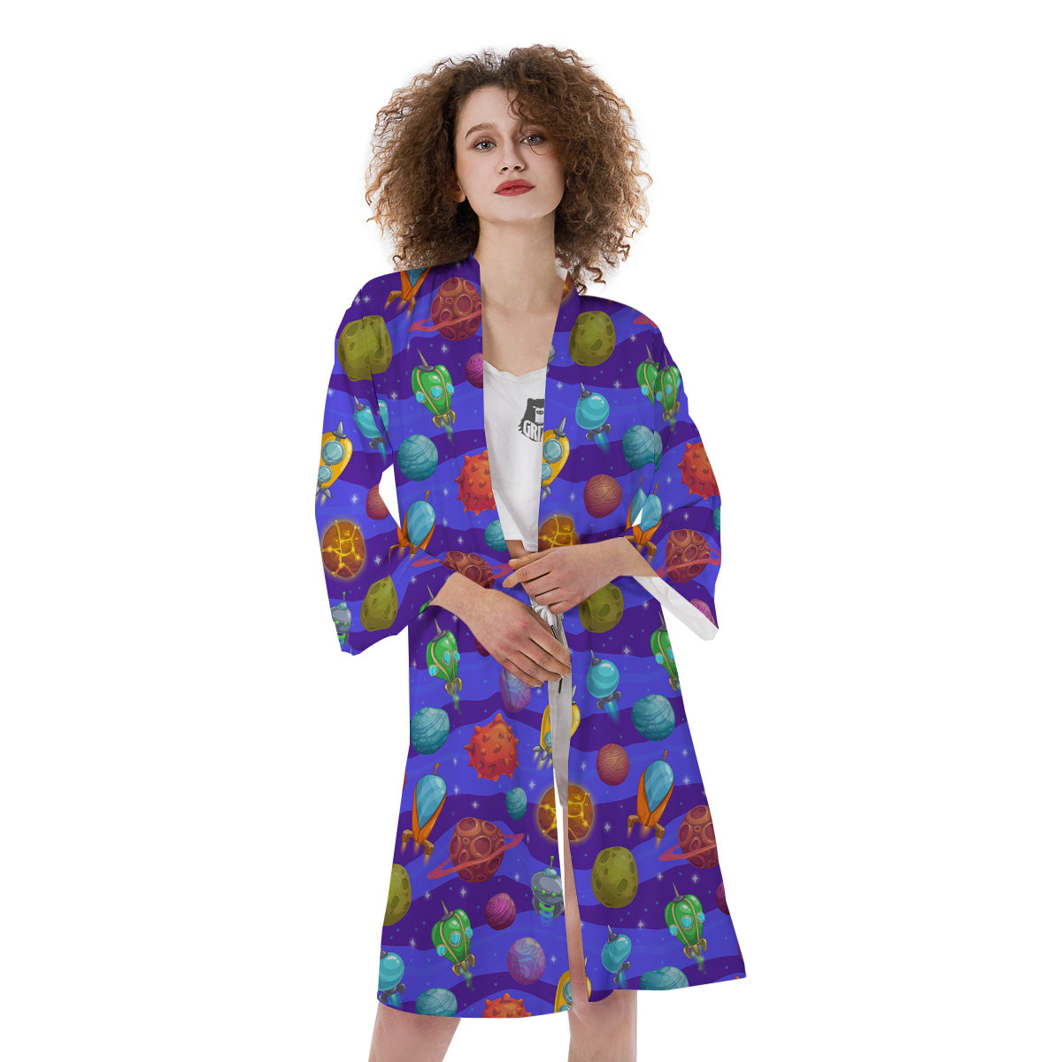 Cartoon Space Ships And Planets Print Pattern Kimono-grizzshop