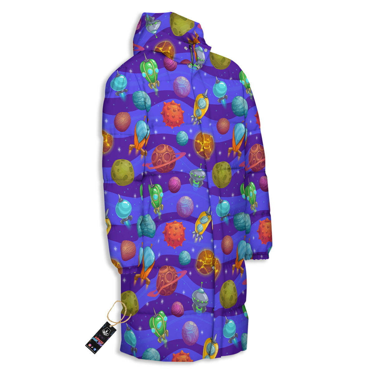 Cartoon Space Ships And Planets Print Pattern Long Down Jacket-grizzshop