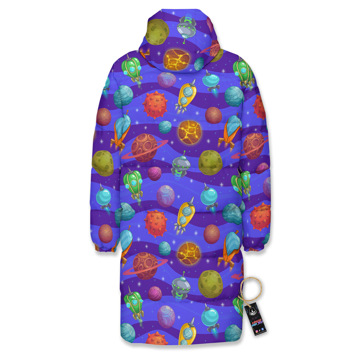 Cartoon Space Ships And Planets Print Pattern Long Down Jacket-grizzshop
