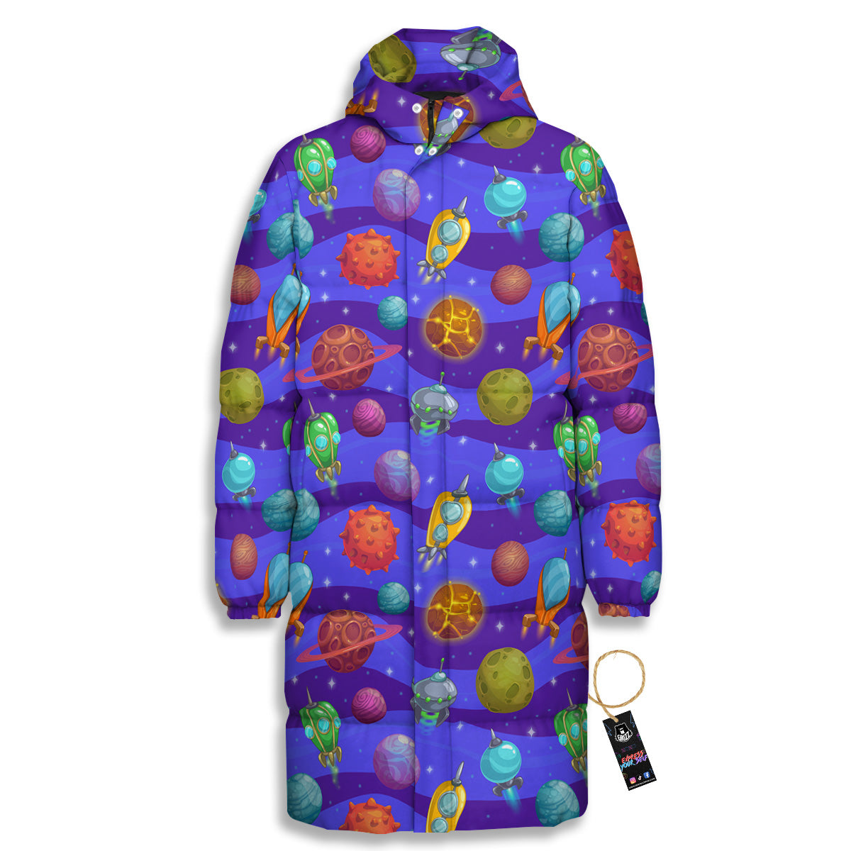 Cartoon Space Ships And Planets Print Pattern Long Down Jacket-grizzshop