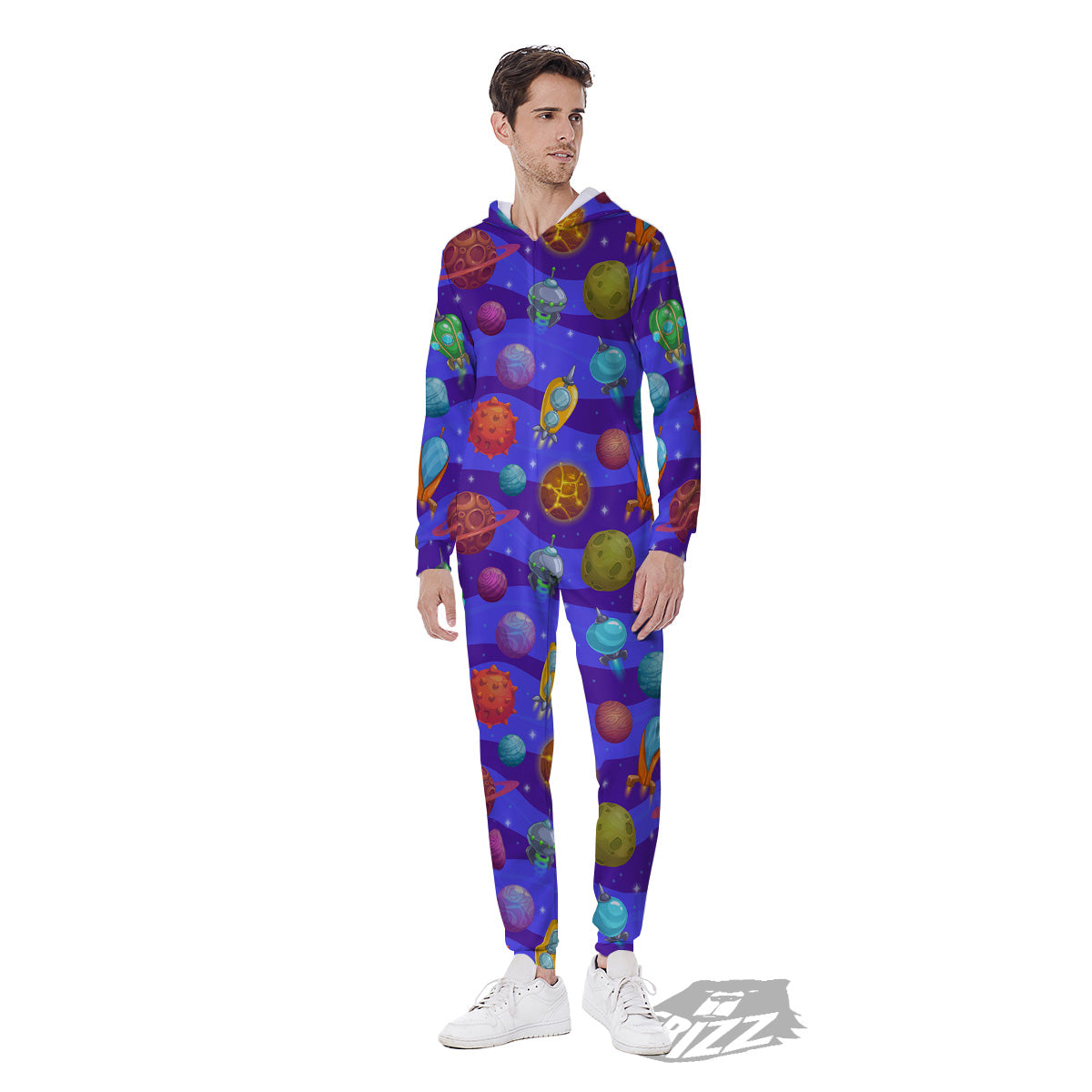 Cartoon Space Ships And Planets Print Pattern Men's Jumpsuit-grizzshop