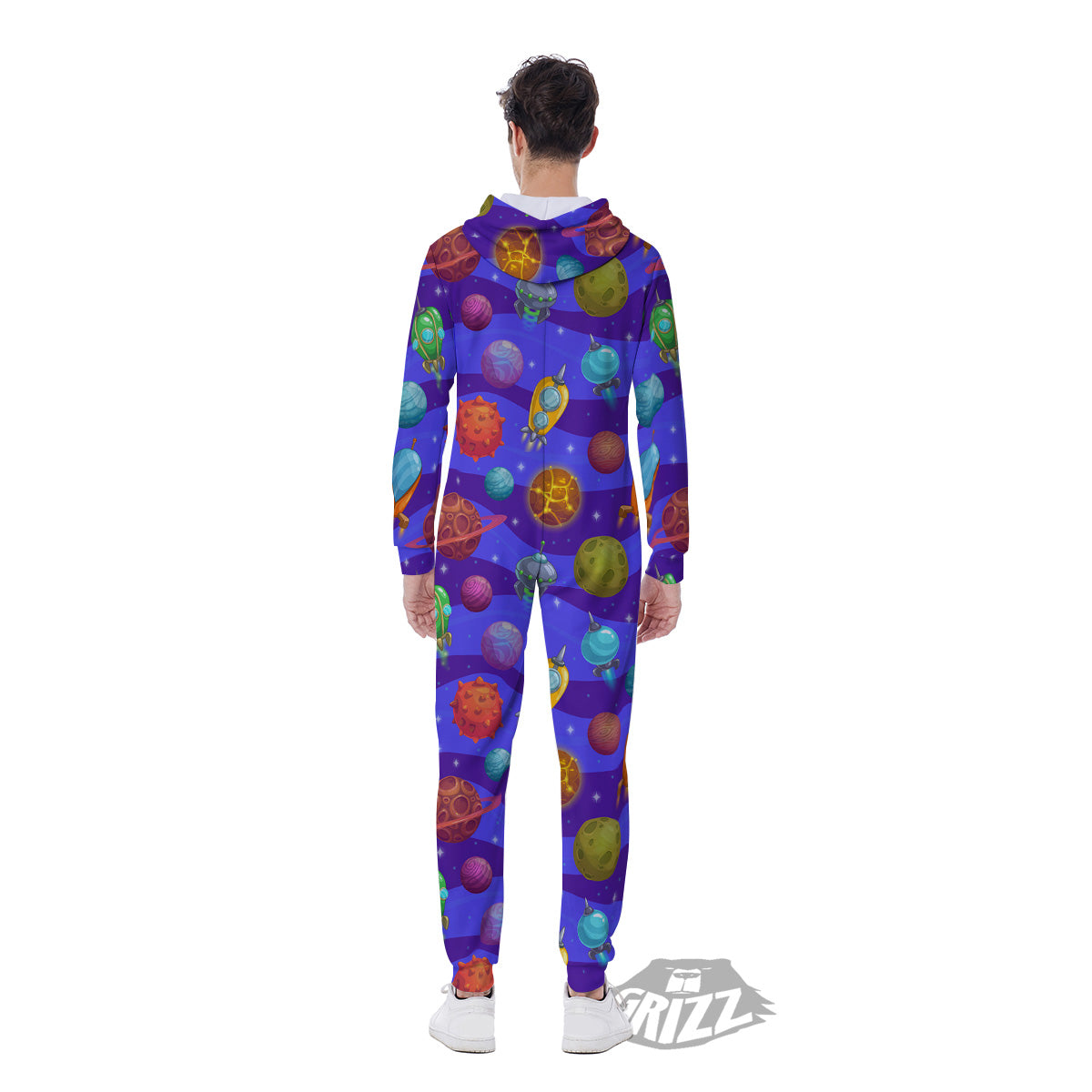 Cartoon Space Ships And Planets Print Pattern Men's Jumpsuit-grizzshop