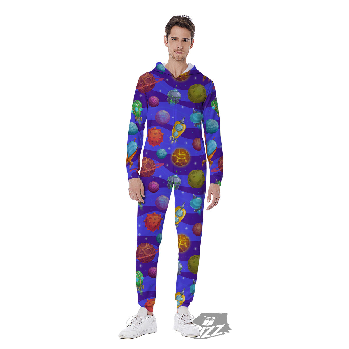 Cartoon Space Ships And Planets Print Pattern Men's Jumpsuit-grizzshop
