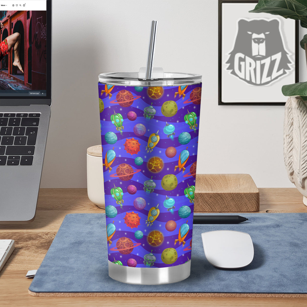 Cartoon Space Ships And Planets Print Pattern Tumbler-grizzshop