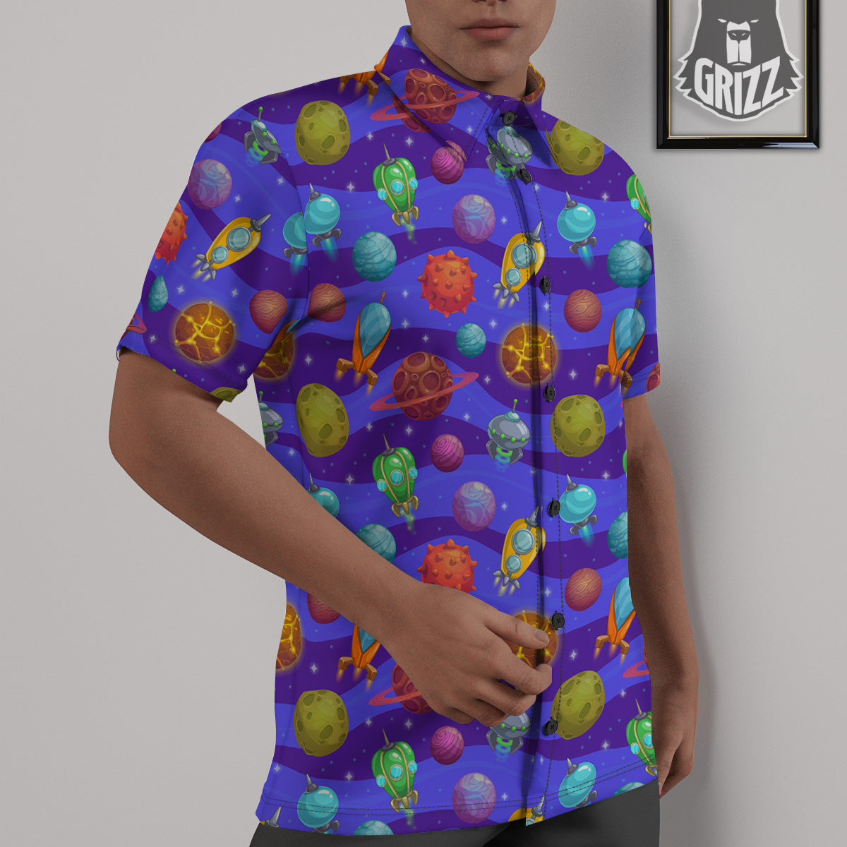 Cartoon Space Ships And Planets Print Pattern Untucked Shirts-grizzshop