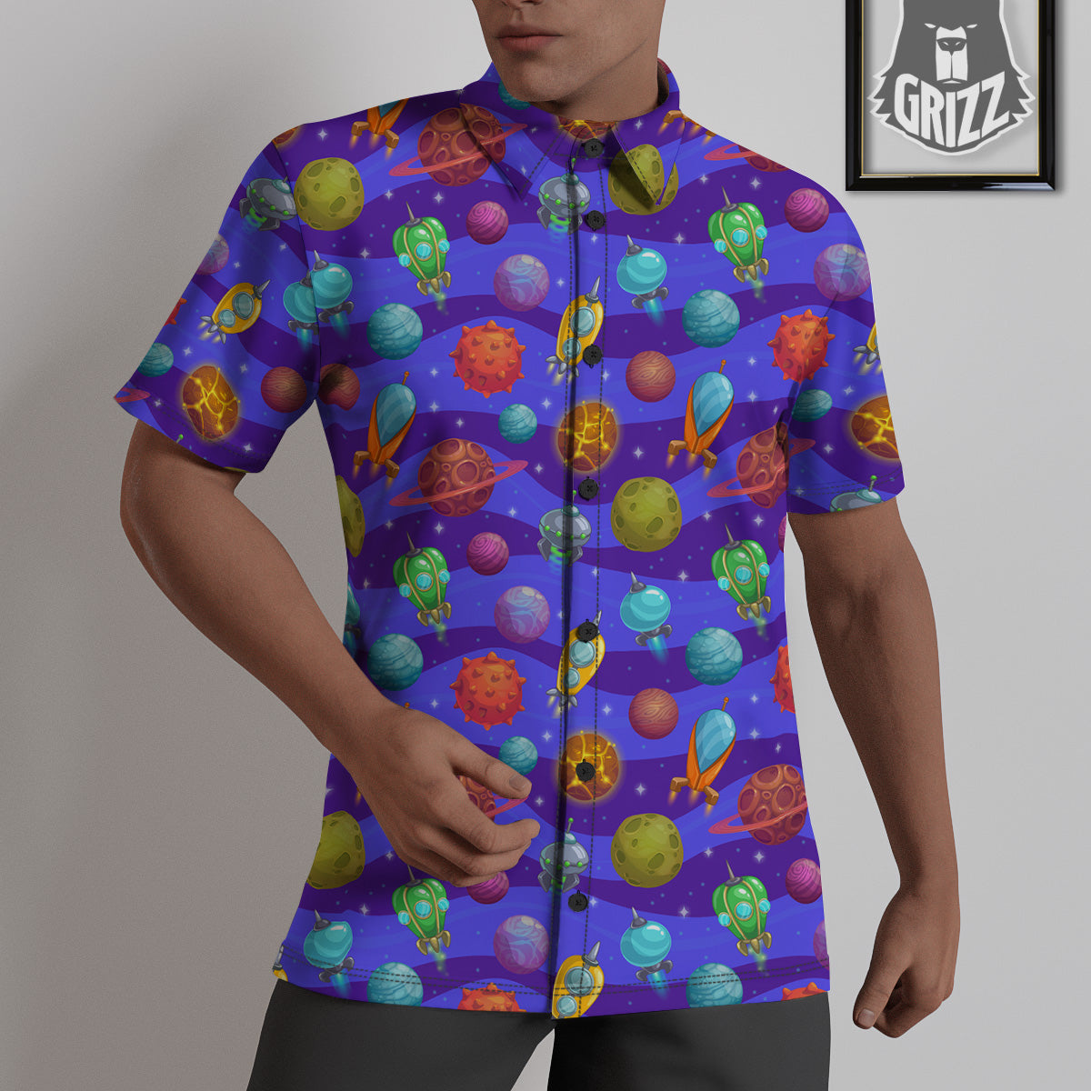 Cartoon Space Ships And Planets Print Pattern Untucked Shirts-grizzshop