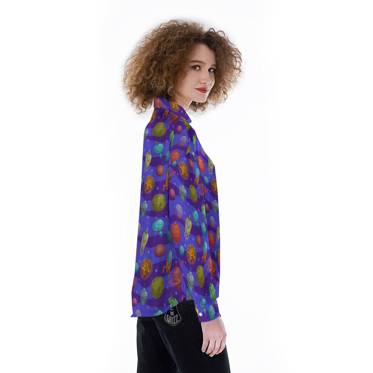 Cartoon Space Ships And Planets Print Pattern Women's Long Sleeve Shirts-grizzshop