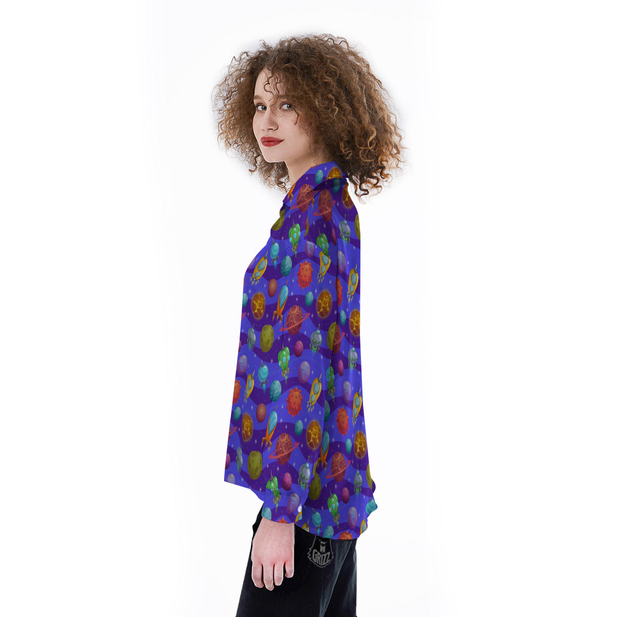 Cartoon Space Ships And Planets Print Pattern Women's Long Sleeve Shirts-grizzshop