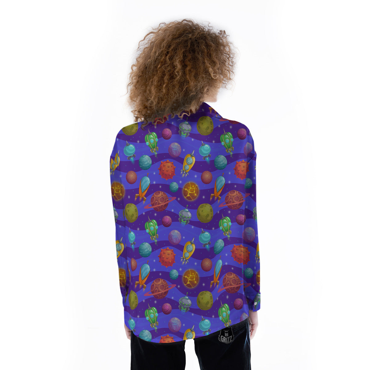 Cartoon Space Ships And Planets Print Pattern Women's Long Sleeve Shirts-grizzshop