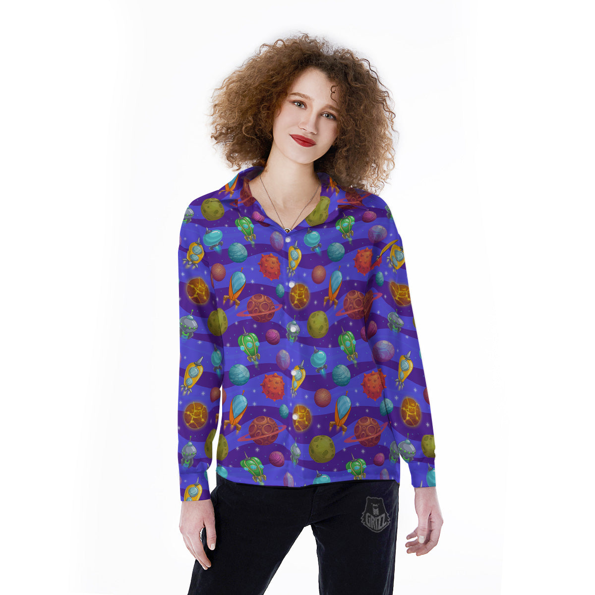Cartoon Space Ships And Planets Print Pattern Women's Long Sleeve Shirts-grizzshop