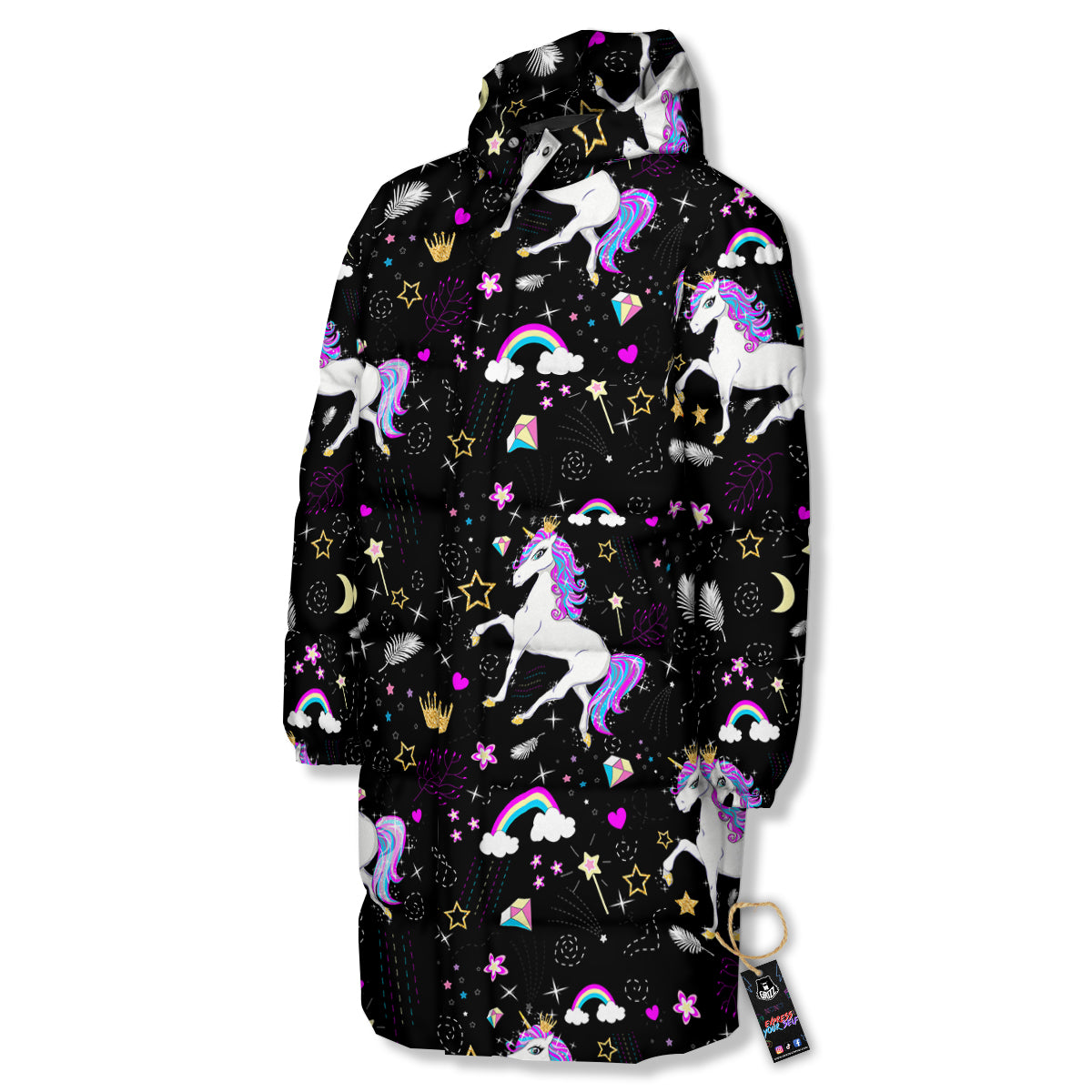 Cartoon Unicorn Dream Print Pattern Long Down Jacket-grizzshop