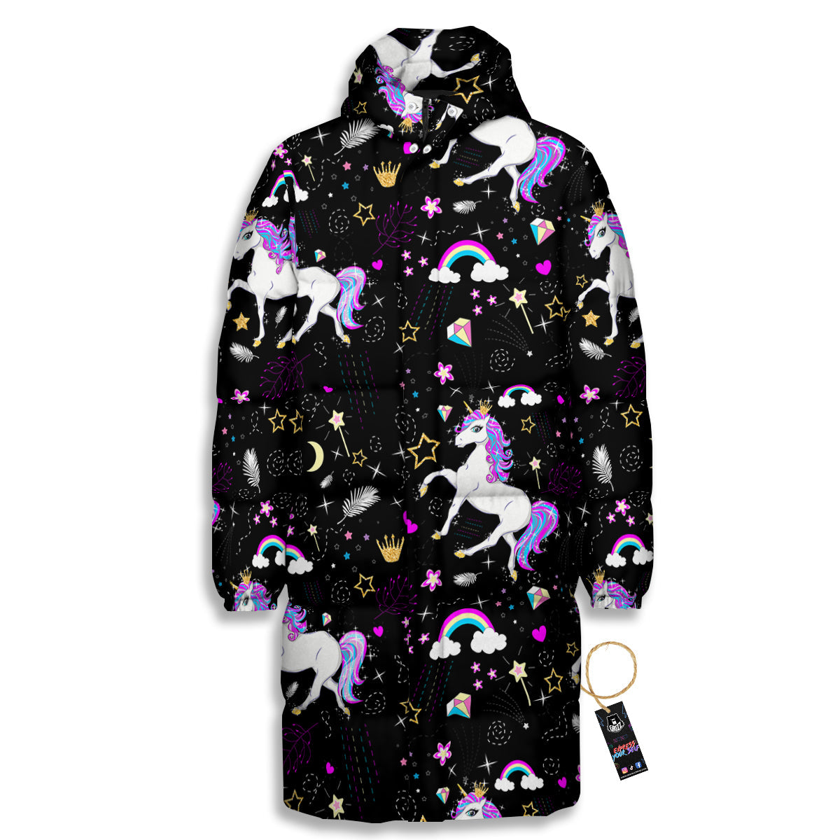 Cartoon Unicorn Dream Print Pattern Long Down Jacket-grizzshop