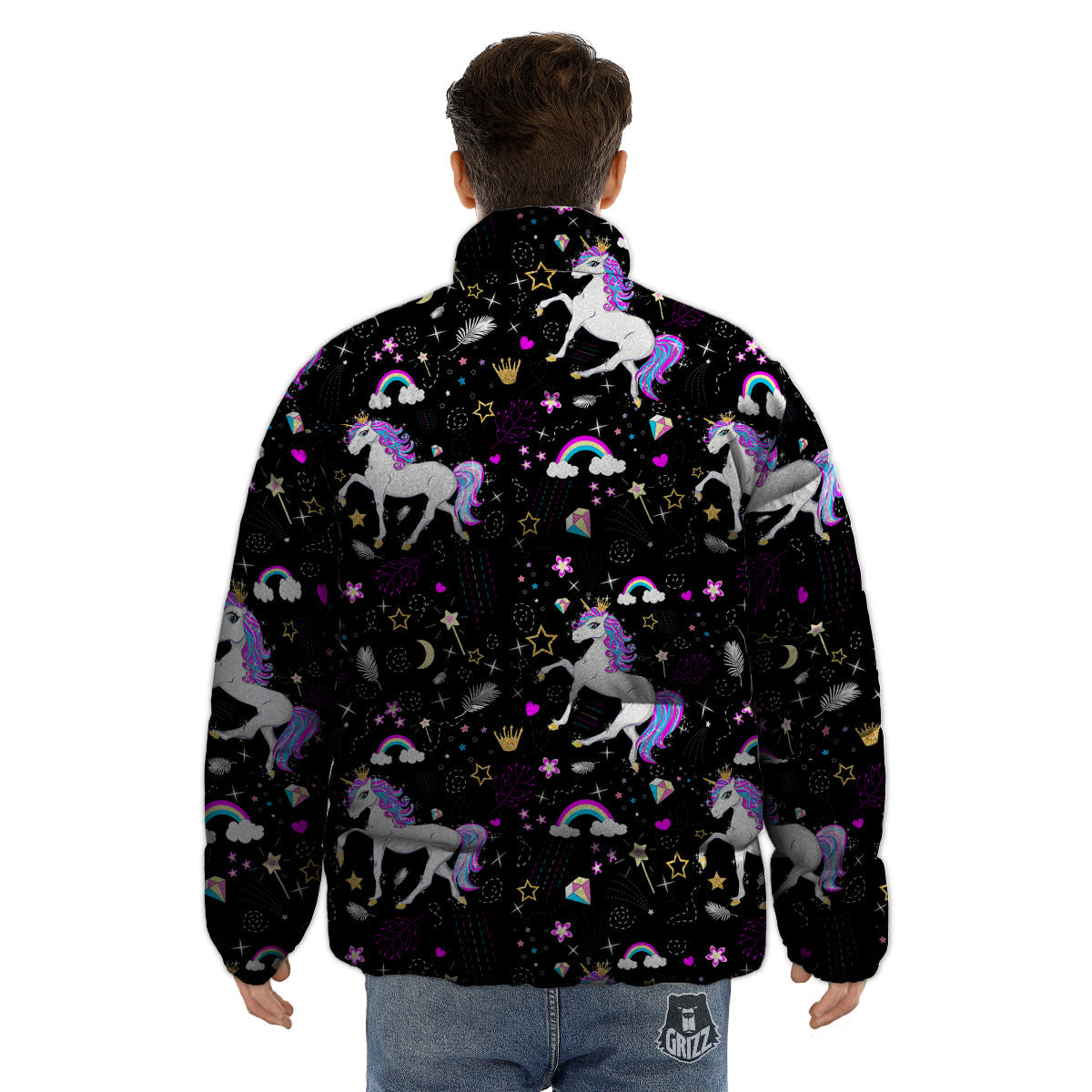 Cartoon Unicorn Dream Print Pattern Puffer Jacket-grizzshop