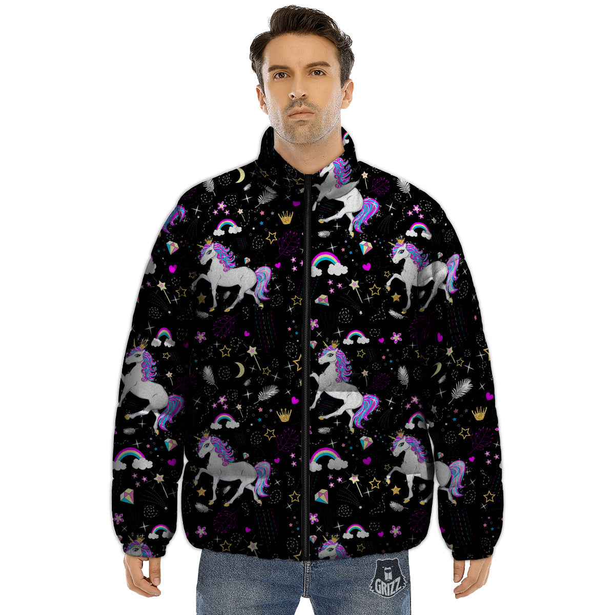 Cartoon Unicorn Dream Print Pattern Puffer Jacket-grizzshop