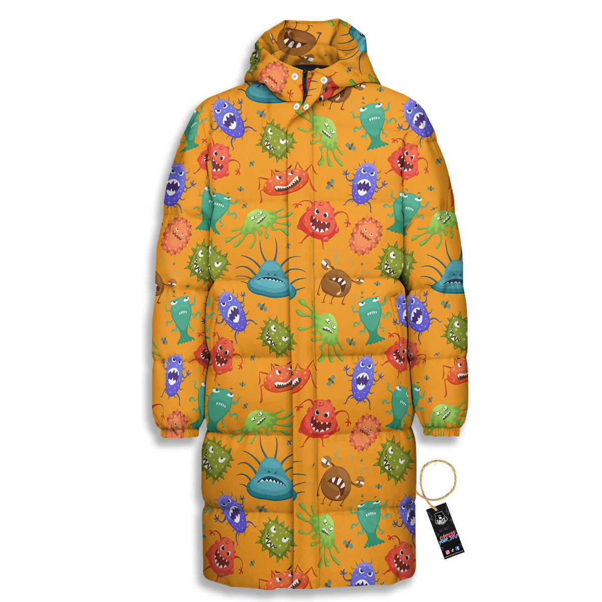 Cartoon Virus Print Pattern Long Down Jacket-grizzshop