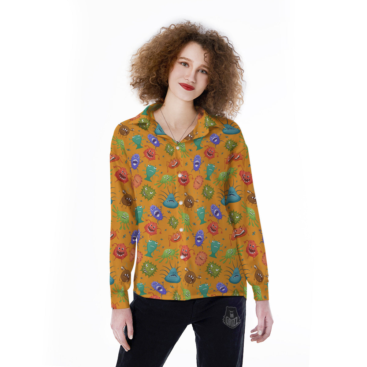Cartoon Virus Print Pattern Women's Long Sleeve Shirts-grizzshop
