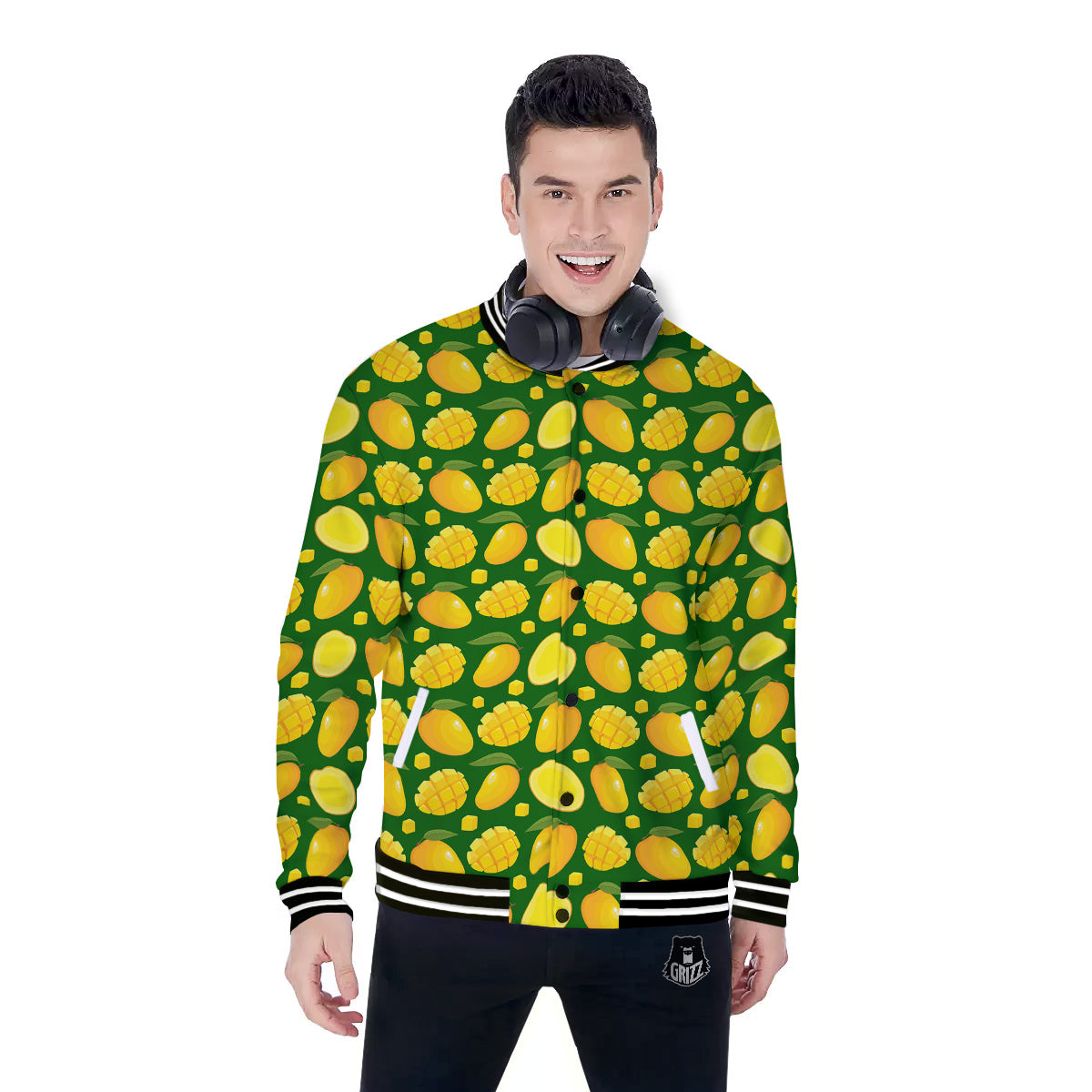 Cartoon Yellow Mango Slice Print Pattern Baseball Jacket-grizzshop