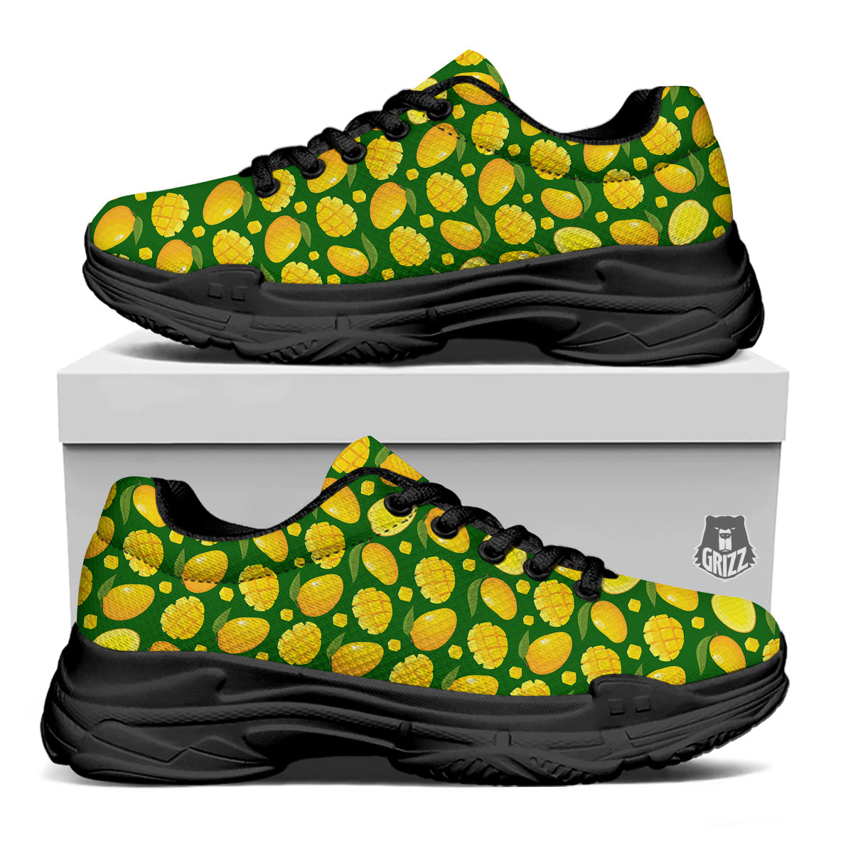 Cartoon Yellow Mango Slice Print Pattern Black Chunky Shoes-grizzshop