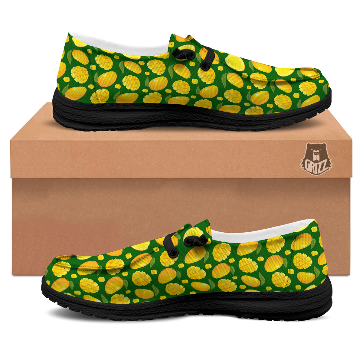 Cartoon Yellow Mango Slice Print Pattern Black Loafers-grizzshop