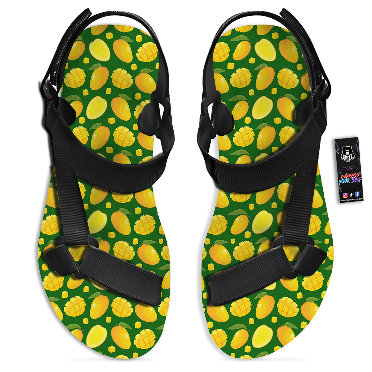 Cartoon Yellow Mango Slice Print Pattern Black Open Toe Sandals-grizzshop