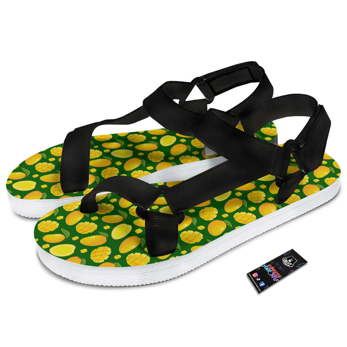 Cartoon Yellow Mango Slice Print Pattern Black Open Toe Sandals-grizzshop