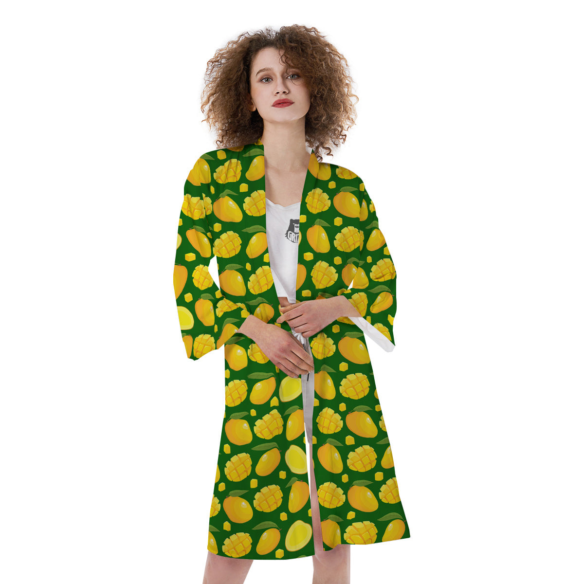 Cartoon Yellow Mango Slice Print Pattern Kimono-grizzshop