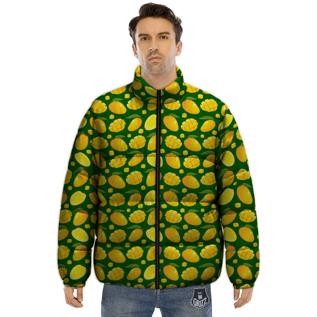 Cartoon Yellow Mango Slice Print Pattern Puffer Jacket-grizzshop