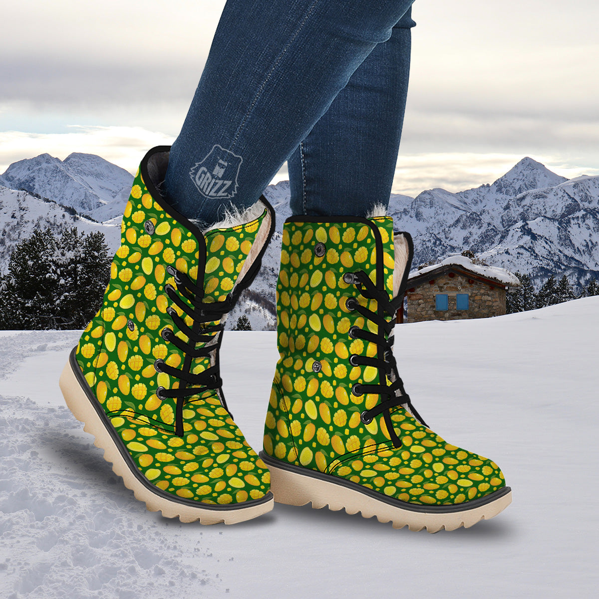 Cartoon Yellow Mango Slice Print Pattern Snow Boots-grizzshop