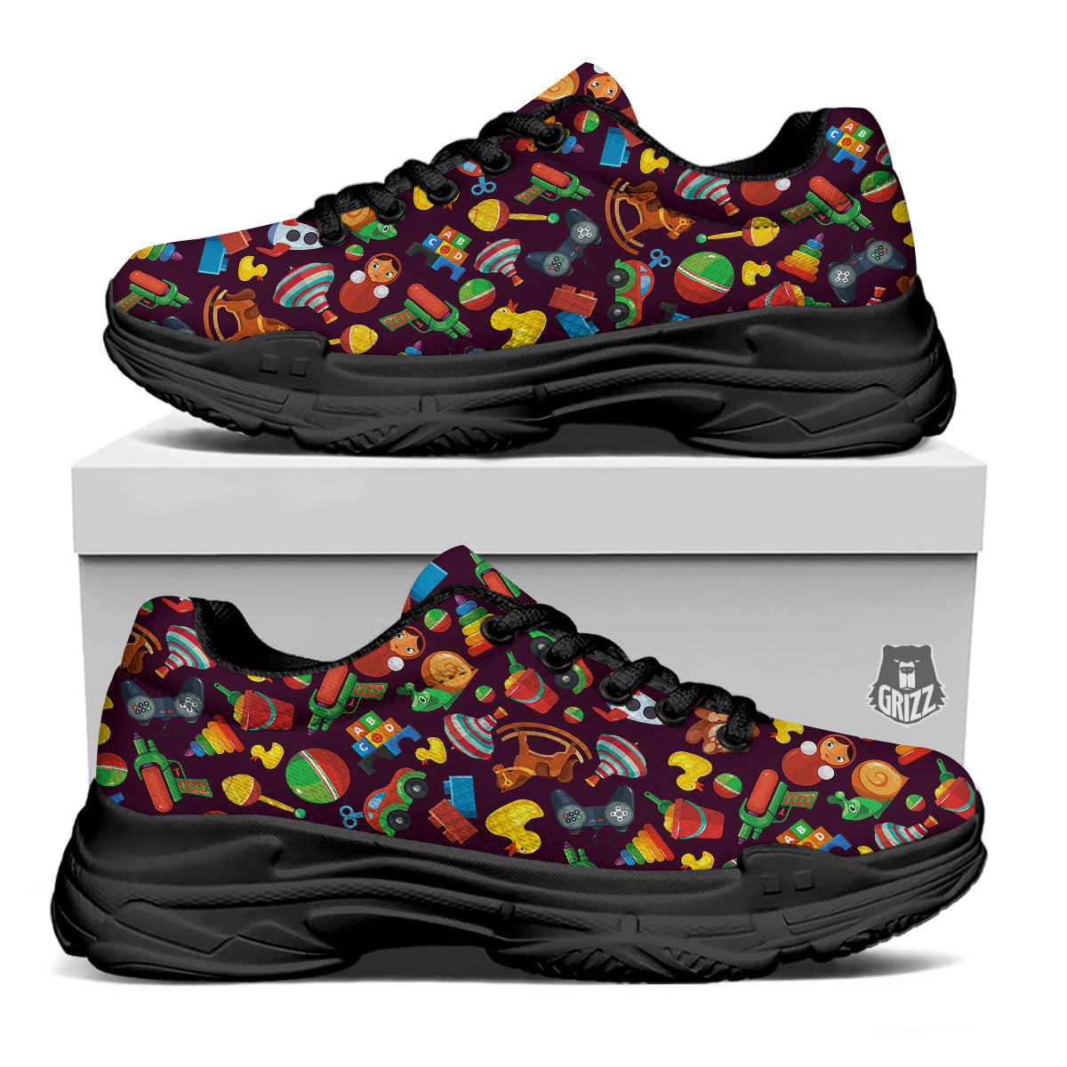 Cartoon toys Colorful Print Pattern Black Chunky Shoes-grizzshop
