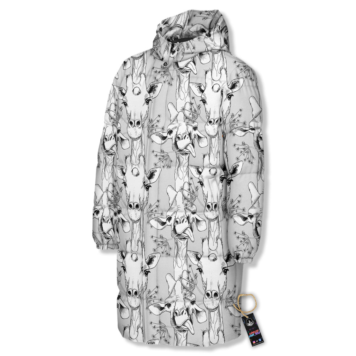 Cartoon Giraffe White And Black Print Long Down Jacket